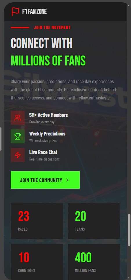 F1 Fan Zone community section: dark themed mobile design with 'Connect with Millions of Fans' headline, feature list showing active members, weekly predictions, and live race chat, plus stats grid showing 23 races, 20 teams, 10 countries, and 400 million fans