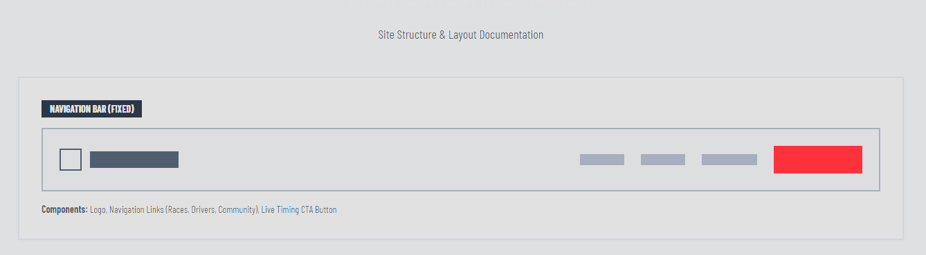 Navigation bar wireframe: fixed header layout documentation showing logo placement, navigation links for Races, Drivers, and Community, and a Live Timing call to action button