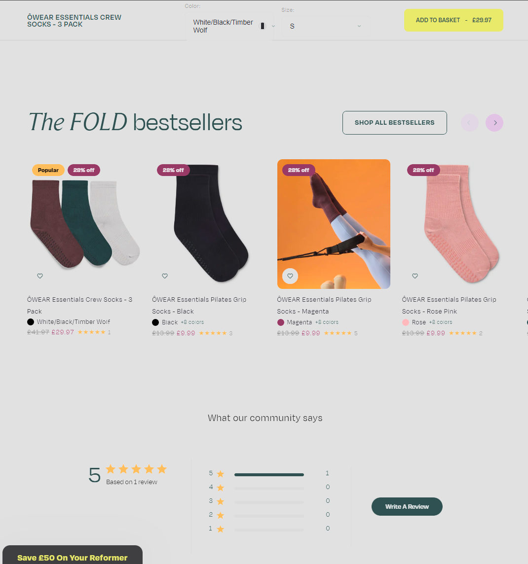 FOLD Reformer bestsellers section: product grid showing OWEAR Essentials Crew Socks, Pilates Grip Socks in black, magenta, and rose pink with pricing, sale badges, and colour variants; community reviews section with five star rating and review breakdown