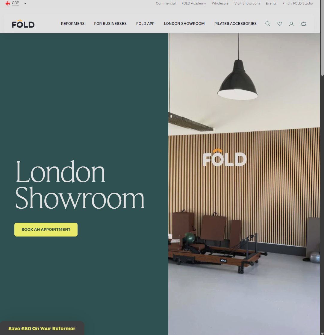 FOLD Reformer London Showroom page: clean navigation with Reformers, For Businesses, Fold App, London Showroom, and Pilates Accessories links; hero section featuring a photograph of the London showroom interior with reformer equipment, timber wall panelling, and a pendant light; Book an Appointment call to action button